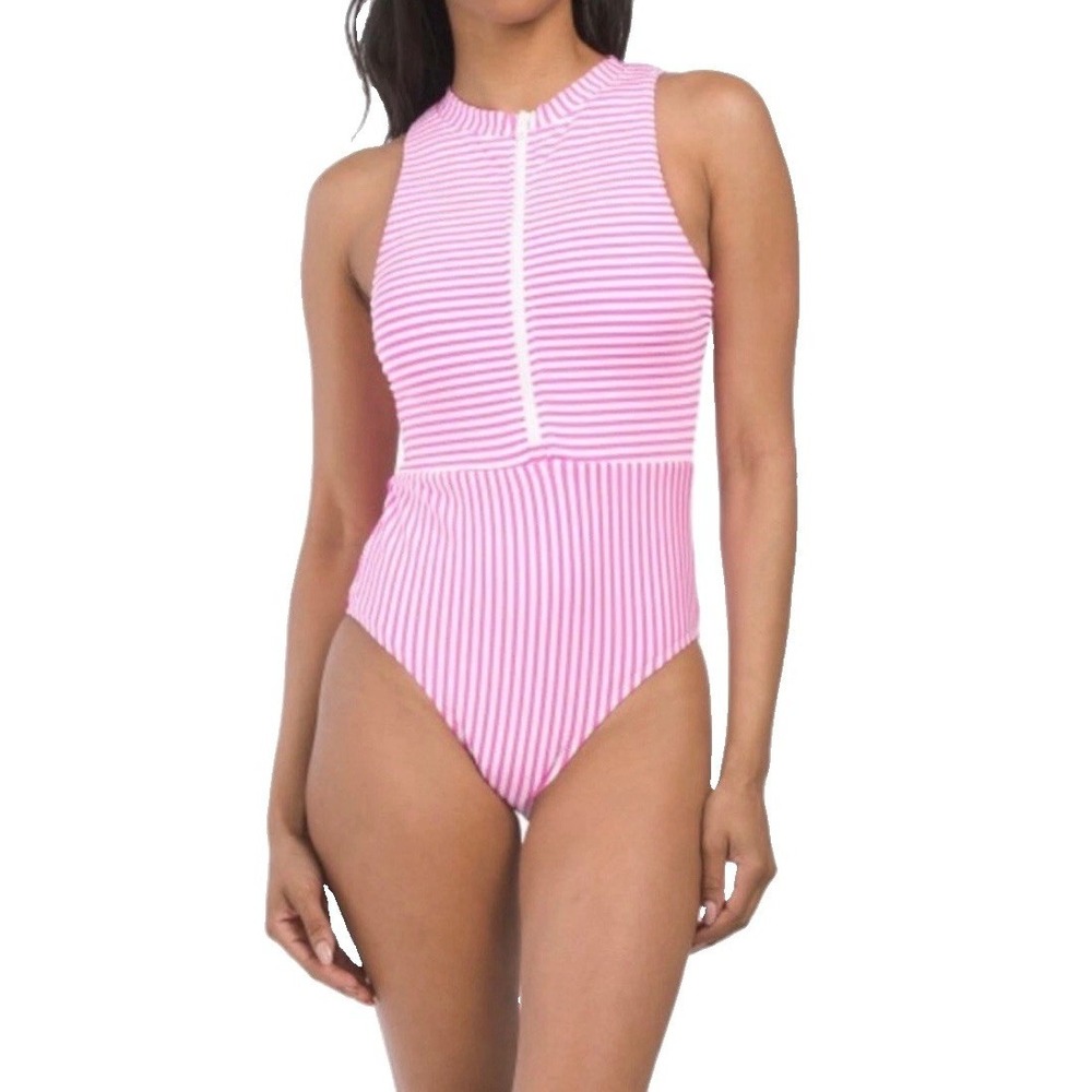 NWOT Splendid Zip Front One Piece Swimsuit S Hot Pink White Stripe Bond Girl